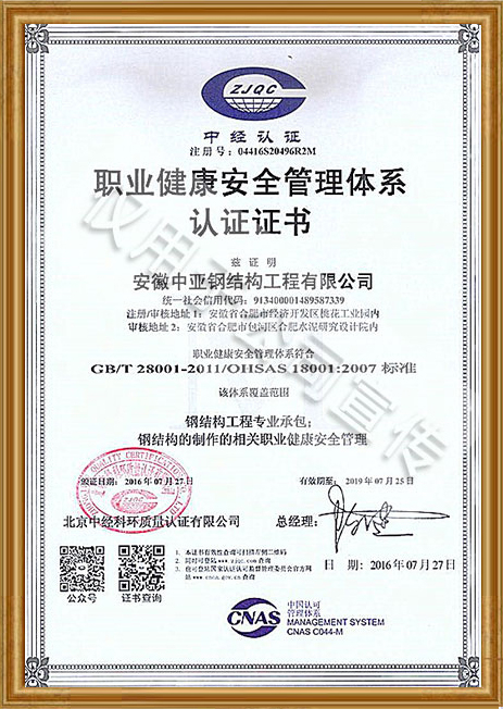 職業(yè)健康安全管理體系認(rèn)證證書